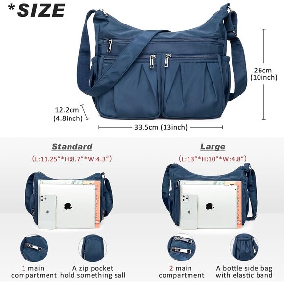 Women Dark Blue-l Nylon Water Resistant Anti Theft Travel Crossbody Shoulder Bag - Picture 3 of 7